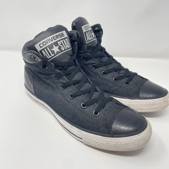 Converse Chuck Taylor All Star High Top Black Denim Leather Sneakers Mens 9 - Picture 2 of 6